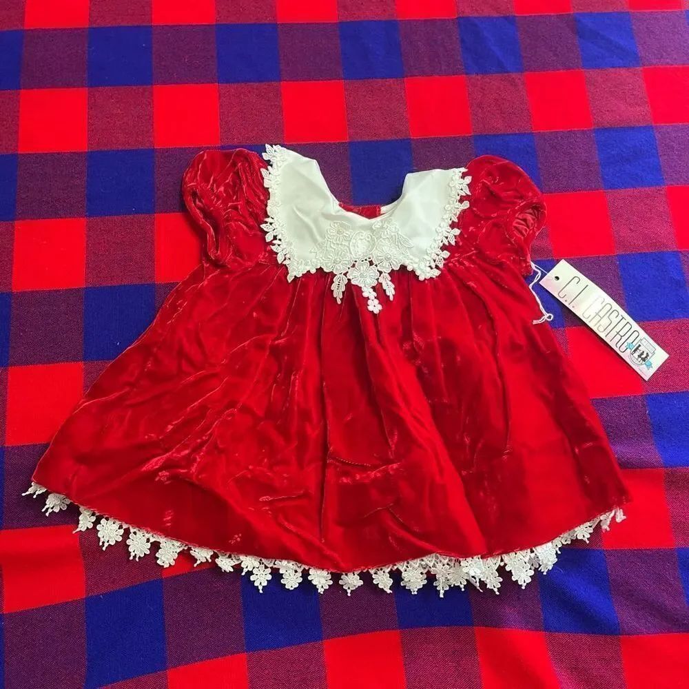 NWT C.I. Castro Vintage Red White Velvet Lace Collar Girls Dress Size 12 Months